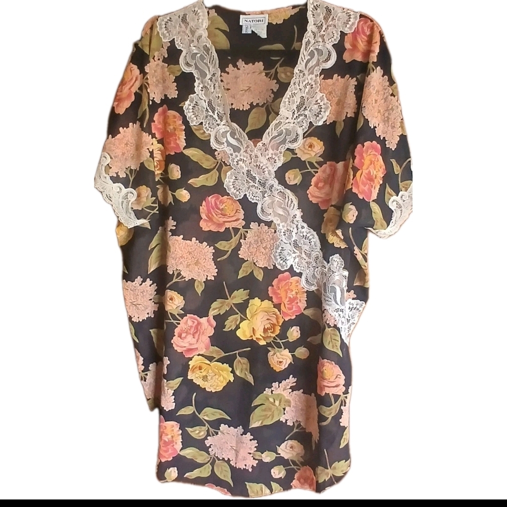 Natori Black and Pink Floral Lace Slip